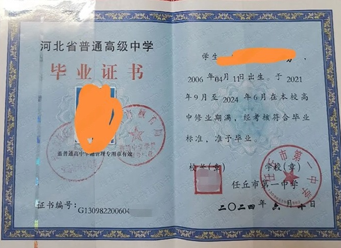 鹿城任丘市第一中学高中毕业证样本图片